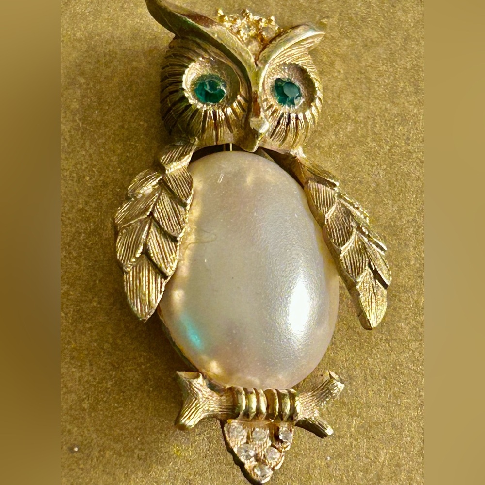 Vintage Brooch Owl on Branch, faceted crystal eyes & tail, white “pearl” body